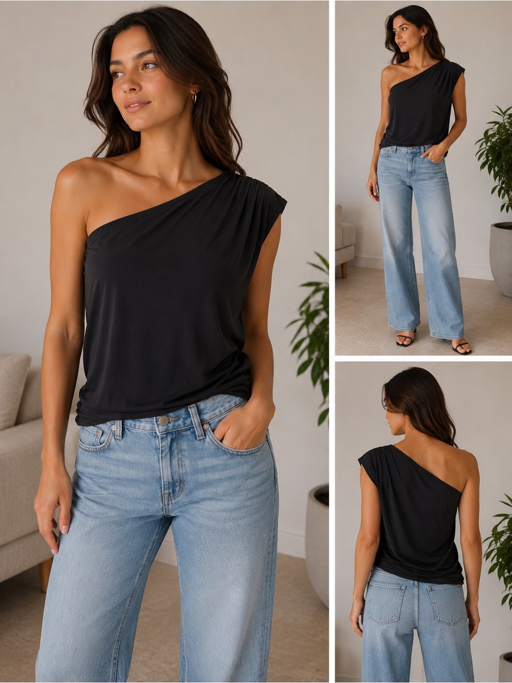 Asymmetric One-Shoulder Black Women's Blouse